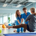 Engaging scene of Health in Motion Rehabilitation in action between therapist and patient.