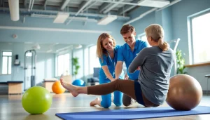 Engaging scene of Health in Motion Rehabilitation in action between therapist and patient.