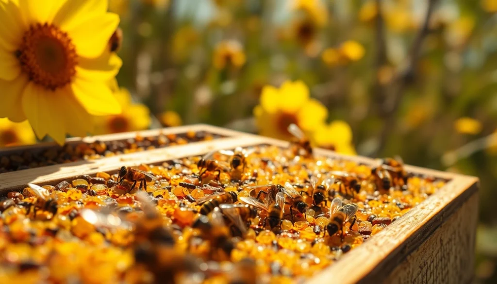 Las colmenas de plástico muestran una estructura robusta en un apiario con abejas activas.