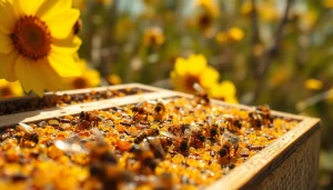 Las colmenas de plástico muestran una estructura robusta en un apiario con abejas activas.