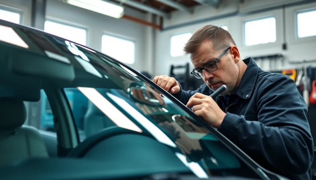 High-quality Windshield Replacement process showcased by a technician in a bright garage.