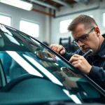 High-quality Windshield Replacement process showcased by a technician in a bright garage.