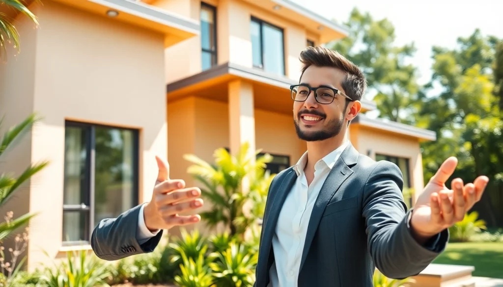 Real Estate agent showcasing a modern home with a lush landscape background.