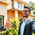 Real Estate agent showcasing a modern home with a lush landscape background.