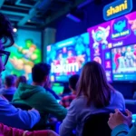 Masuk ke permainan hakim4d login game dengan antusiasme para pemain di layar.