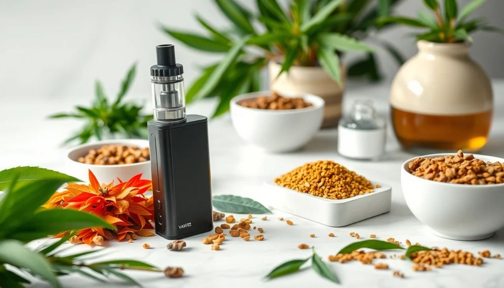 Vape ohne nikotin präsentiert neben buntem Kräutern auf einem minimalistischen Tisch.