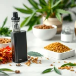Vape ohne nikotin präsentiert neben buntem Kräutern auf einem minimalistischen Tisch.