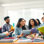 Engaged students collaborate in a vibrant education setting filled with resources and learning tools.