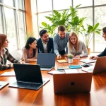 Marketing team collaborating in a bright office for Good Wolf Marketing
