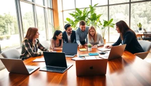 Marketing team collaborating in a bright office for Good Wolf Marketing