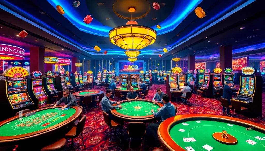 A lively casino scene showcasing tables, cards, and KJC AC 3 promotional elements for an immersive gambling experience.