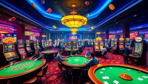A lively casino scene showcasing tables, cards, and KJC AC 3 promotional elements for an immersive gambling experience.