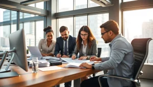 Showcase real estate investor accounting firm team collaborating on financial reports.