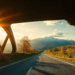 Vignieta Cehia - Autostradă pitorească cu un vehicul în mișcare.