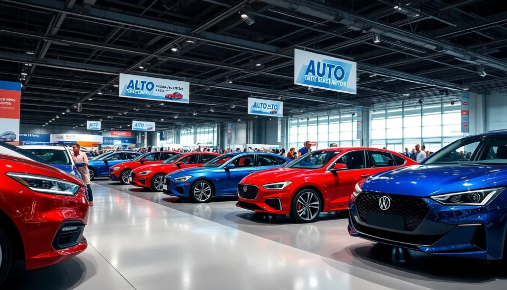View of an impressive auto cars show featuring modern vehicles and an enthusiastic crowd.