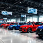 View of an impressive auto cars show featuring modern vehicles and an enthusiastic crowd.