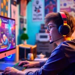 Aksi mendebarkan dalam koi800 login game, karakter bersemangat di depan komputer, suasana gaming yang ceria.