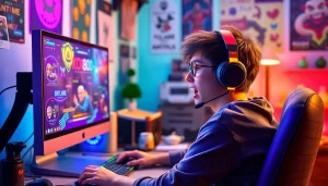 Aksi mendebarkan dalam koi800 login game, karakter bersemangat di depan komputer, suasana gaming yang ceria.