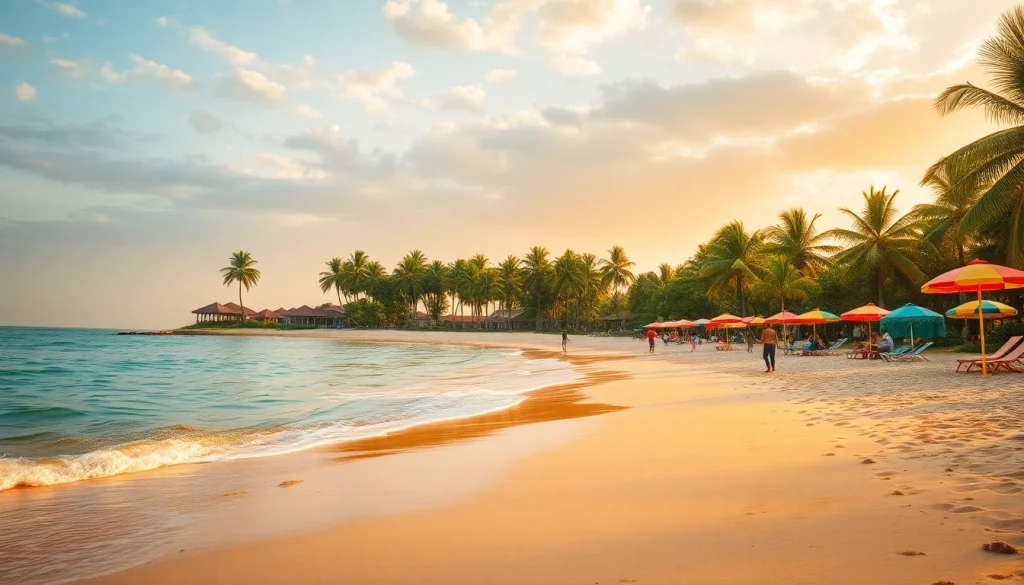 Clima em Paripueira capturado durante a hora dourada, exibindo uma vibrante cena de praia com areias quentes e palmeiras de coco exuberantes.