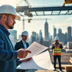 Manhattan Commercial General Contractor discusses blueprints on an active construction site in Manhattan.