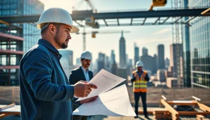 Manhattan Commercial General Contractor discusses blueprints on an active construction site in Manhattan.