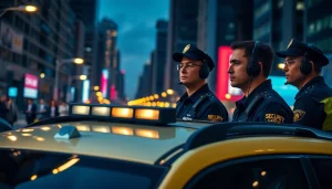 Security Company personnel ensuring safety during an event in a vibrant urban setting.