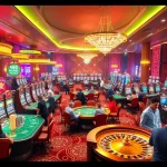 Experience the vibrant gambling world of KJC AC 1 with players enjoying casino tables and slot machines.