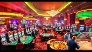 Experience the vibrant gambling world of KJC AC 1 with players enjoying casino tables and slot machines.