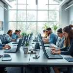 Enhance your skills at a professional typing center offering modern workspaces and engaged individuals.