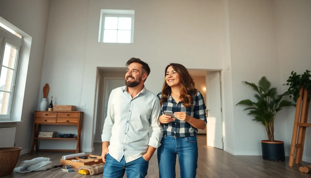 Comment faire du house flipping avec un couple examinant une maison rénovée et des outils de rénovation.
