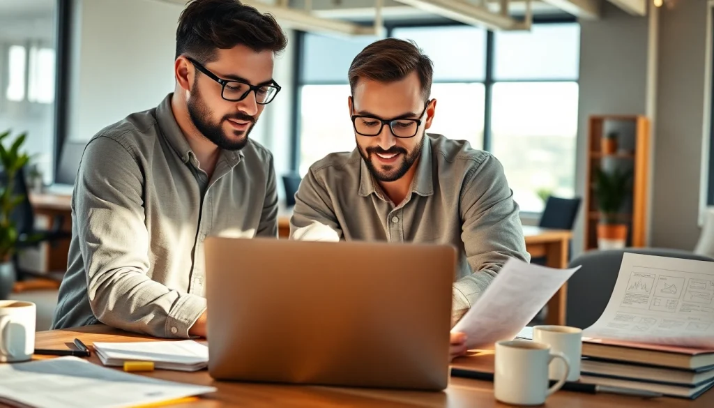 Engaged team discussing effective wordpress services in a bright office setting.