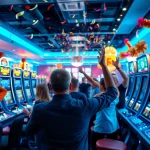 Menggambarkan suasana slot bukti4d alternatif slot dengan pemain merayakan kemenangan.