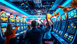 Menggambarkan suasana slot bukti4d alternatif slot dengan pemain merayakan kemenangan.