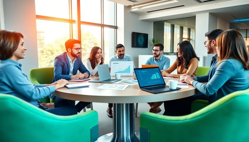 Team discusses marketing strategies at https://fhpts.com in a modern office setting.