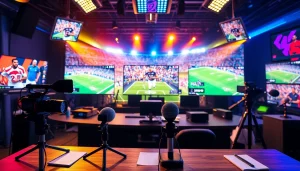 스포츠중계 중계 화면이 있는 방송 스튜디오의 역동적인 모습