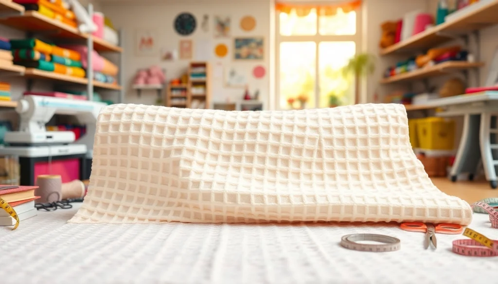 Wafel katoen stof met kleurrijke garen en naaigereedschap in een crafting studio.