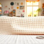 Wafel katoen stof met kleurrijke garen en naaigereedschap in een crafting studio.
