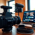 Video capture setup showcasing a camcorder and laptop in a professional studio.