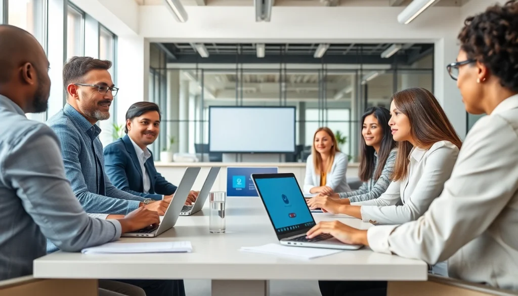 Showcase of a diverse team discussing solutions as a uk voip provider in a modern office.