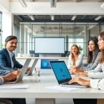 Showcase of a diverse team discussing solutions as a uk voip provider in a modern office.