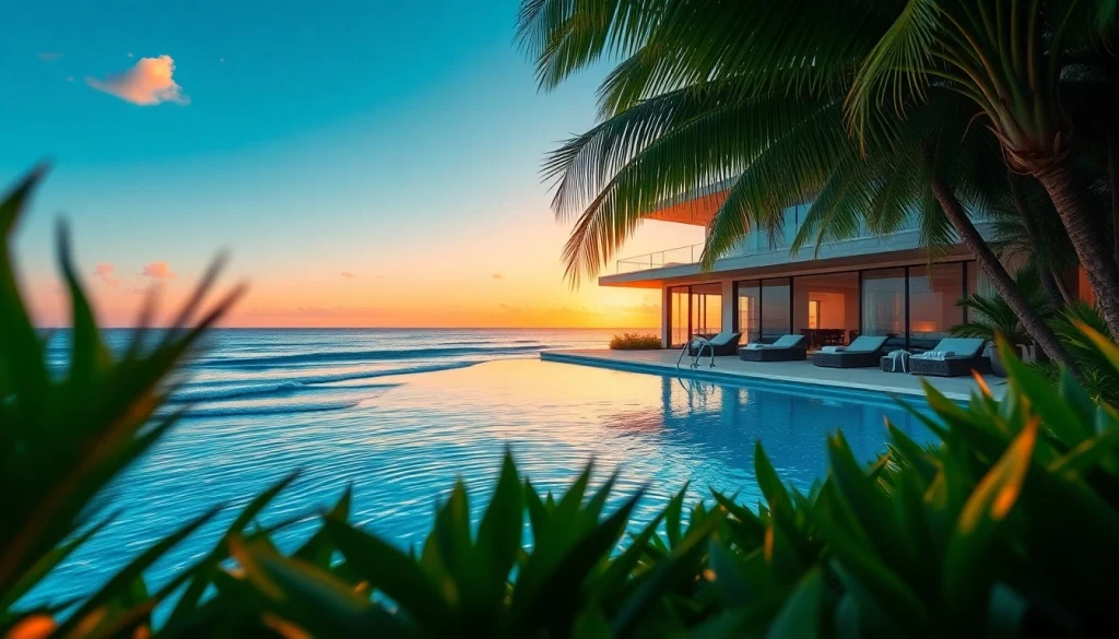 Captivating luxury international real estate villa by the beach with sunset reflections.