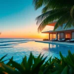 Captivating luxury international real estate villa by the beach with sunset reflections.
