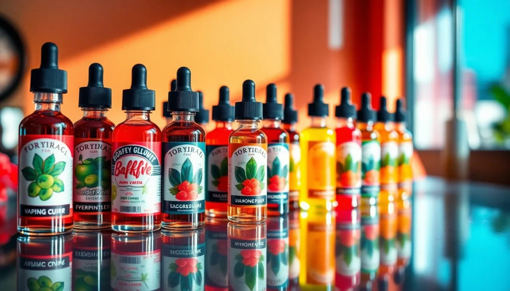 Genießen Sie verschiedene liquid Aromen in kunstvoll gestalteten Flaschen auf einem eleganten Tisch.