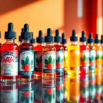 Genießen Sie verschiedene liquid Aromen in kunstvoll gestalteten Flaschen auf einem eleganten Tisch.