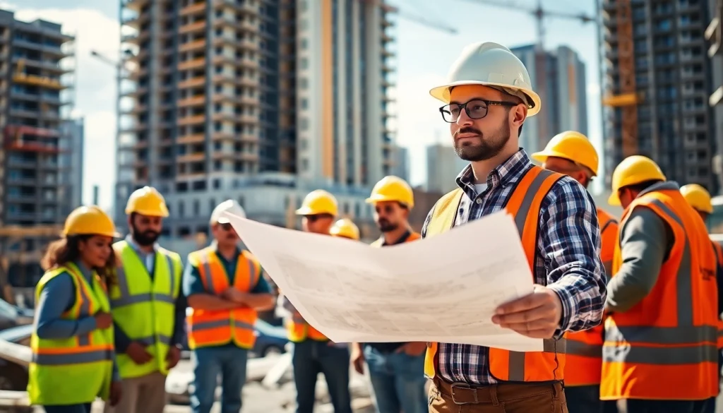 New York General Contractor managing a vibrant construction site with skilled workers collaborating.