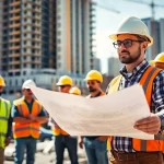 New York General Contractor managing a vibrant construction site with skilled workers collaborating.