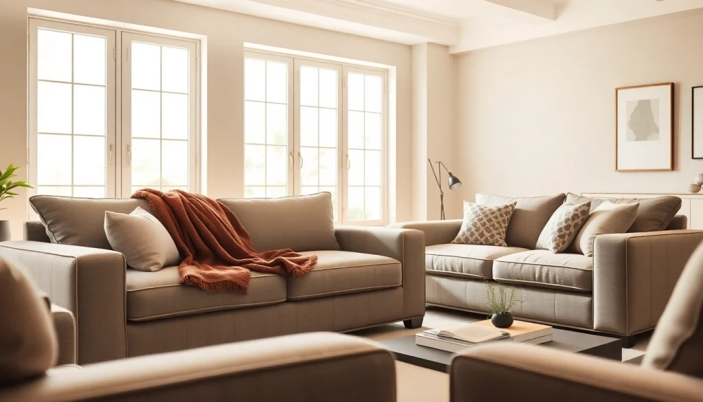 Stylish sofa beds in a contemporary living room with warm natural lighting and inviting decor.