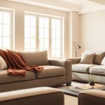 Stylish sofa beds in a contemporary living room with warm natural lighting and inviting decor.