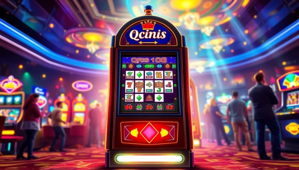 Main feature QRIS108 Slot dalam suasana kasino yang cerah dan mengundang.