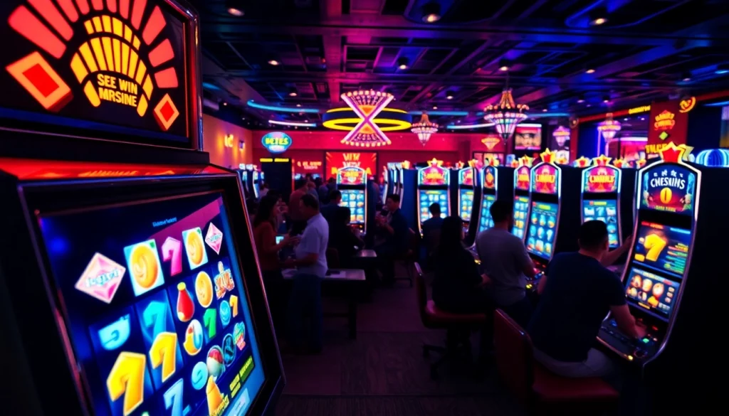 Menggambarkan slot mesin dengan grafik berwarna cerah sedang berputar dalam suasana kasino yang hidup.